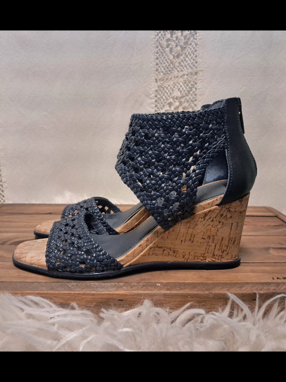 Donald J. Pliner Navy Woven Cork Wedge Sandals Size 7.5 - Picture 6 of 8